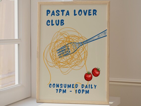 Funny Pasta Lover Club Retro Spaghetti Kitchen Typography Poster