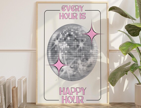 Trendy Wall Art Prints Bar Cart Decor Every Hour Is Happy Retro Preppy Large Print