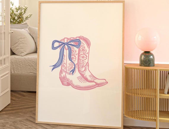 Coquette Pink Cowboy Boots Print Vintage Western Wall Art Cowgirl Trendy Cowgirl Art Poster Wild West Blue Bow Home Decor