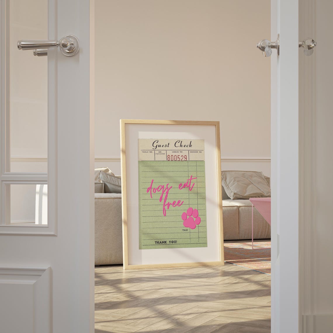 Dogs Eat Free Retro Guest Check Pink Paw Kitchen Dog Art Poster