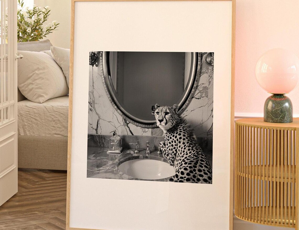 Black and White Cheetah at a Marble Bathroom Sink Photo Poster