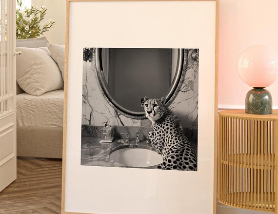 Black and White Cheetah at a Marble Bathroom Sink Photo Poster