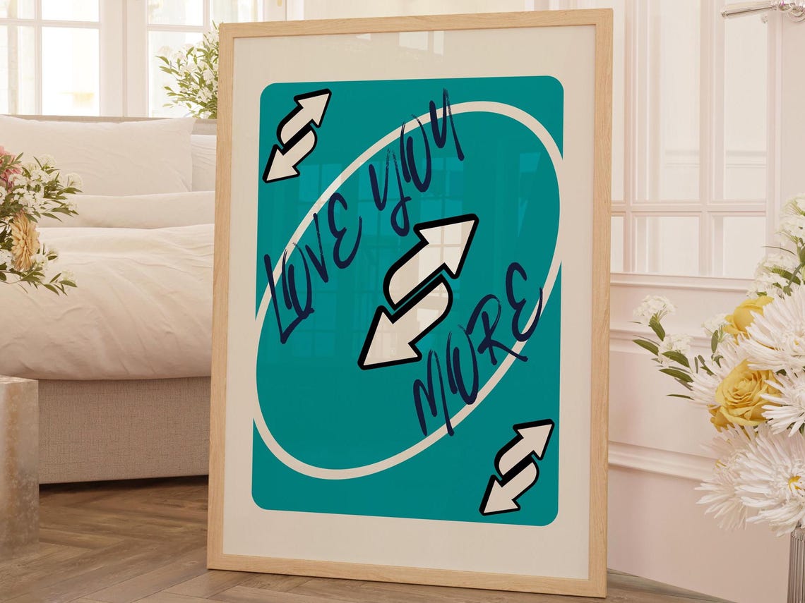 Love You More Reverse Card Teal Valentines Playful Game Art Print