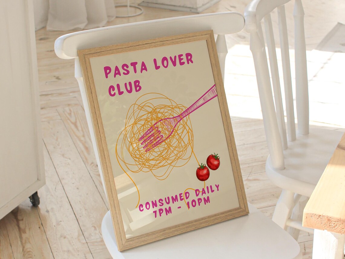 Pasta Lover Club Pink Spaghetti Fork Retro Kitchen Food Poster - Image 2