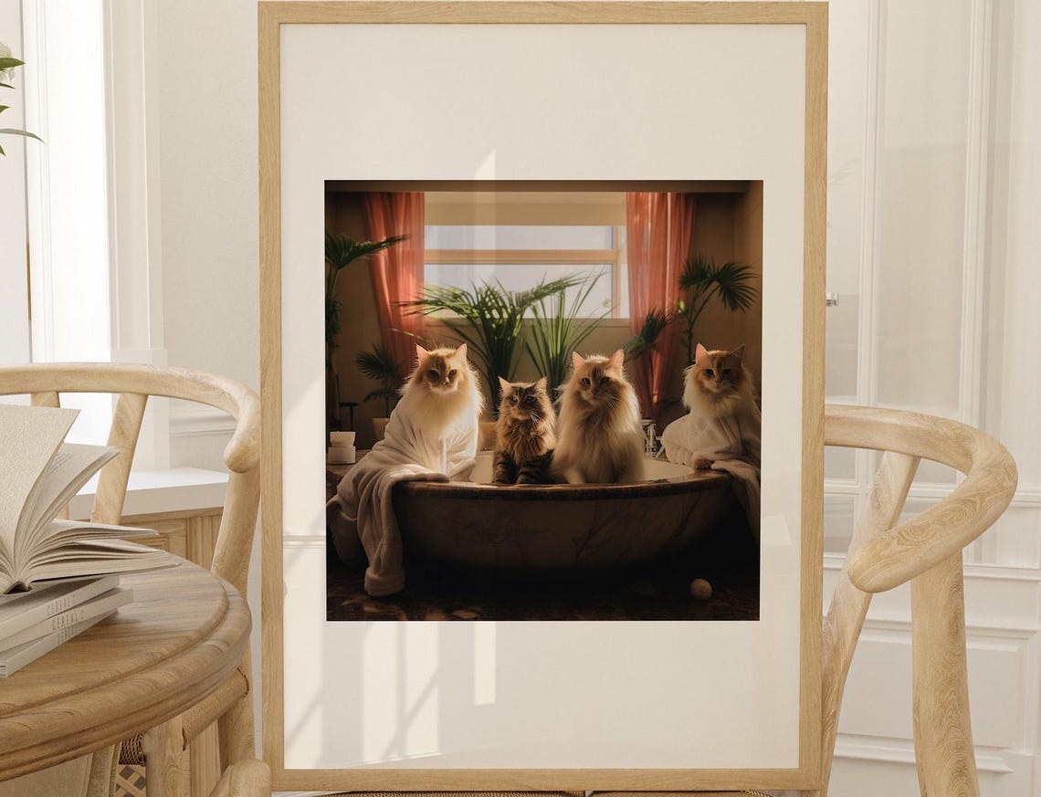Four Fluffy Cats in Bathtub Warm Cozy Light Funny Cat Lovers Poster