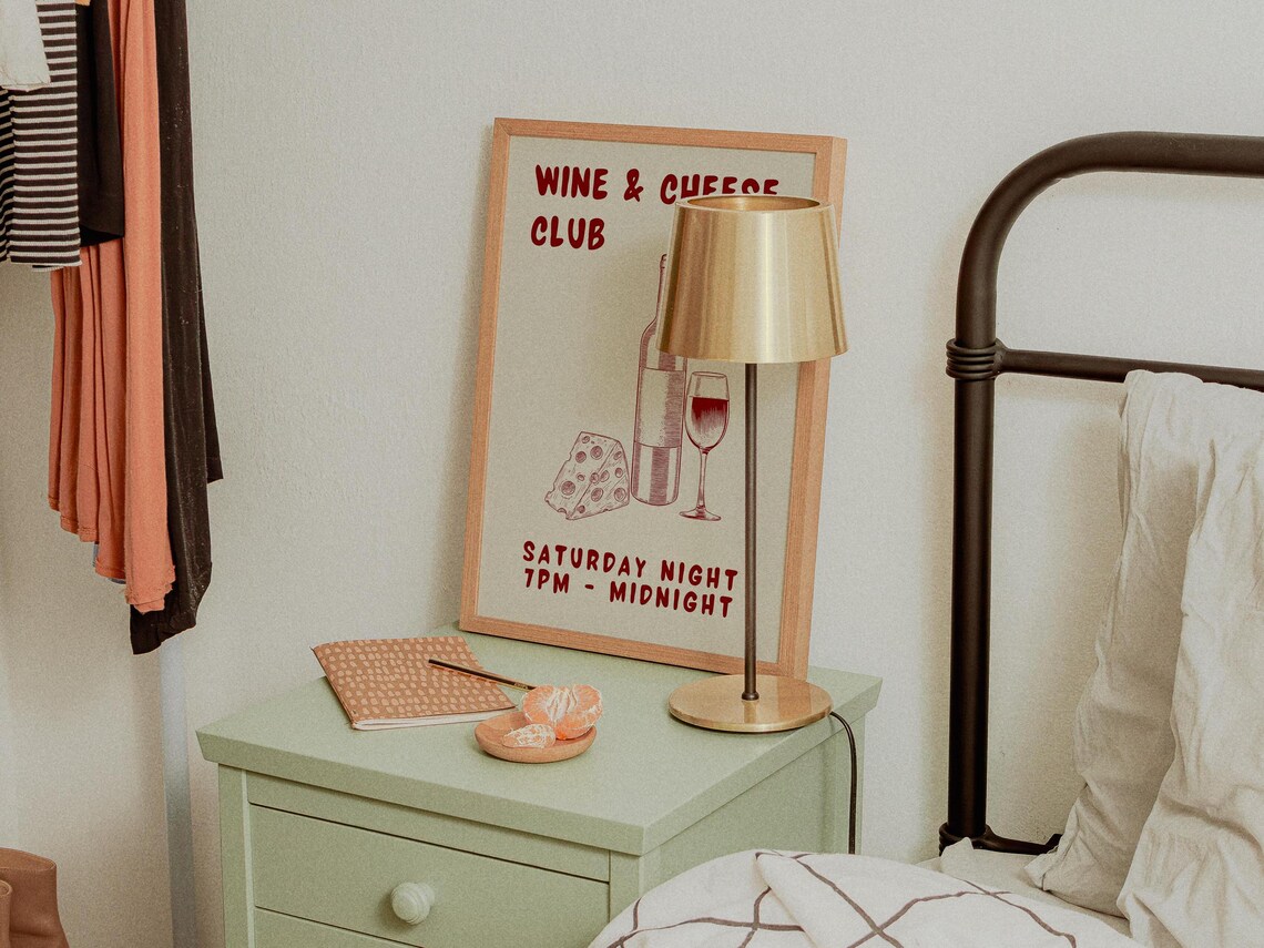 Wine And Cheese Club Wine Red Line Art Retro Kitchen Bar Poster - Image 2
