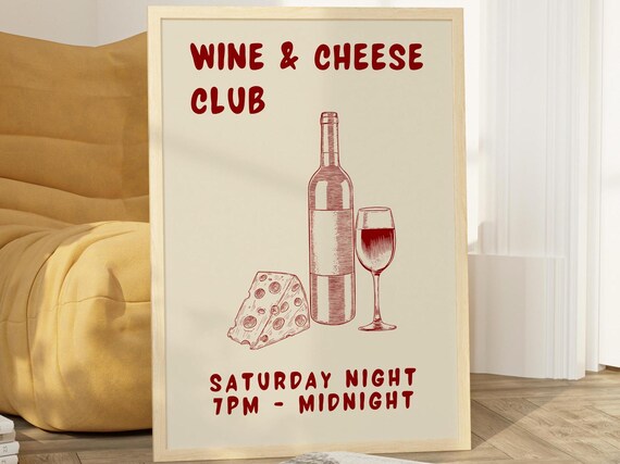 Wine And Cheese Club Wine Red Line Art Retro Kitchen Bar Poster