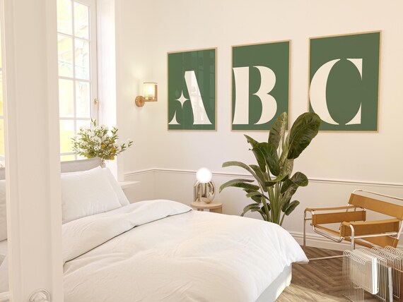 ABC Monogram Letter Wall Art Green Cream Initial Nursery Trio