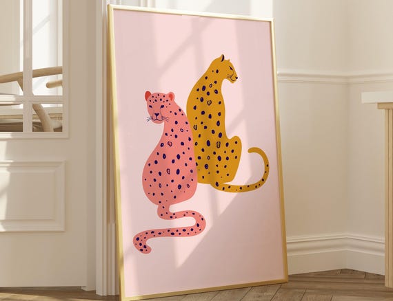 Cheetah Print Pink Leopard Art Boho Home Decor Blush Wall Orange Jungle Poster Minimal Animal Girl Gift