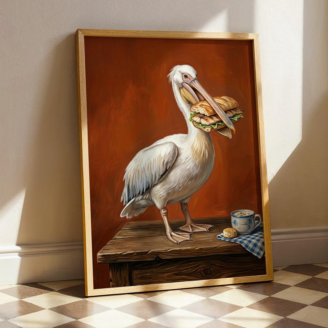 Pelican Fish Sandwich Coastal Bird Cafe Whimsical Kitchen Poster