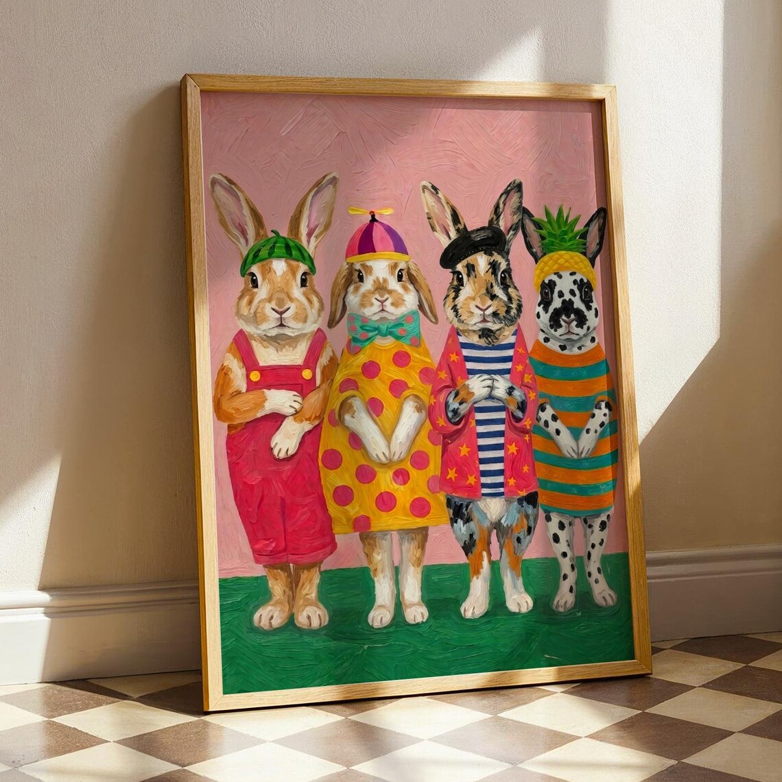 Colorful Rabbits Pop Art Poster, Maximalist Bunny Hat