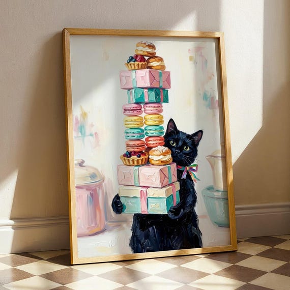 Whimsical Black Cat Bakery Pastry Poster Pastel Kitchen Wall Art Cozy Baking Lover Gift Cute Void Macarons Chef Painting Decor