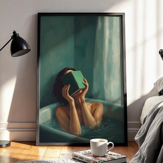 Woman Reading In Bathtub Moody Green Cozy Literary Painting Wall Art
