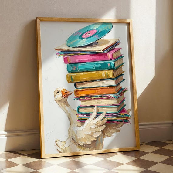 Goose Vinyl Record Art Print Whimsical Animal Oil Painting Colorful Bookish Gift Retro Music Room Decor Eclectic Collector Poster