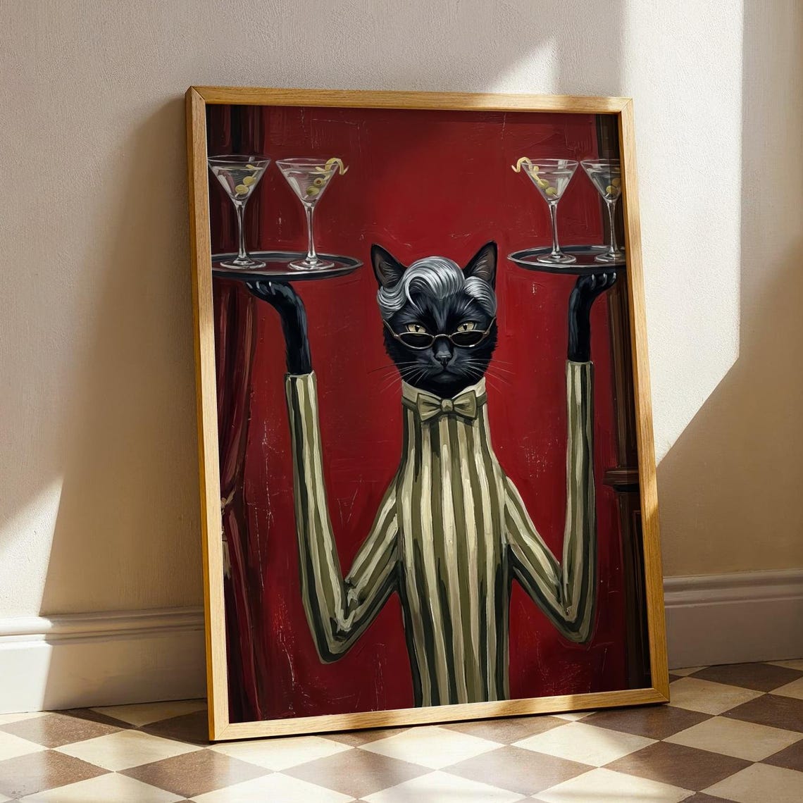 Funny Black Cat Bartender Martini Cocktail Animal Humor Poster