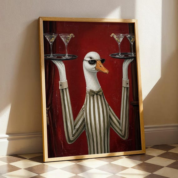 Funny Goose Waiter Martini Painting Humorous Bar Cart Wall Art Quirky Cocktails Poster Moody Maximalist Kitchen Decor Dark Red Print