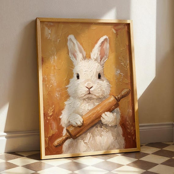 White Bunny Baker Impasto Print Whimsical Rabbit Baking Poster Cute Gift Kitchen Wall Decor Cottagecore Cozy Bakery Animal Painting