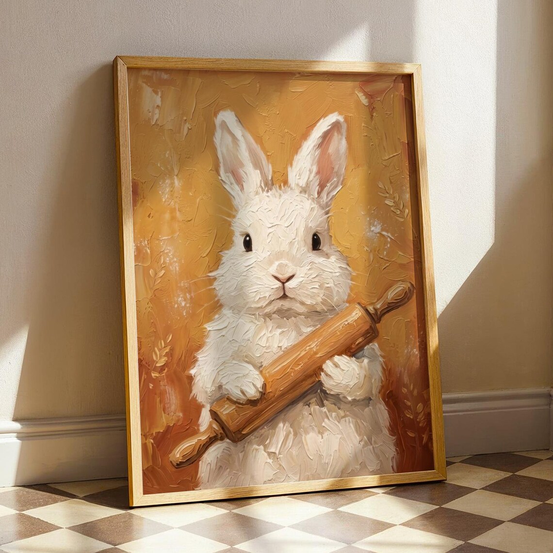 White Bunny Baker Impasto Print Whimsical Rabbit Baking Poster Cute Gift Kitchen Wall Decor Cottagecore Cozy Bakery Animal Painting