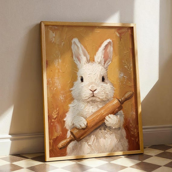White Rabbit Baking Art Print Cottagecore Bunny Kitchen Wall Decor Whimsical Animal Chef Painting Cozy Bakery Poster Digital Download