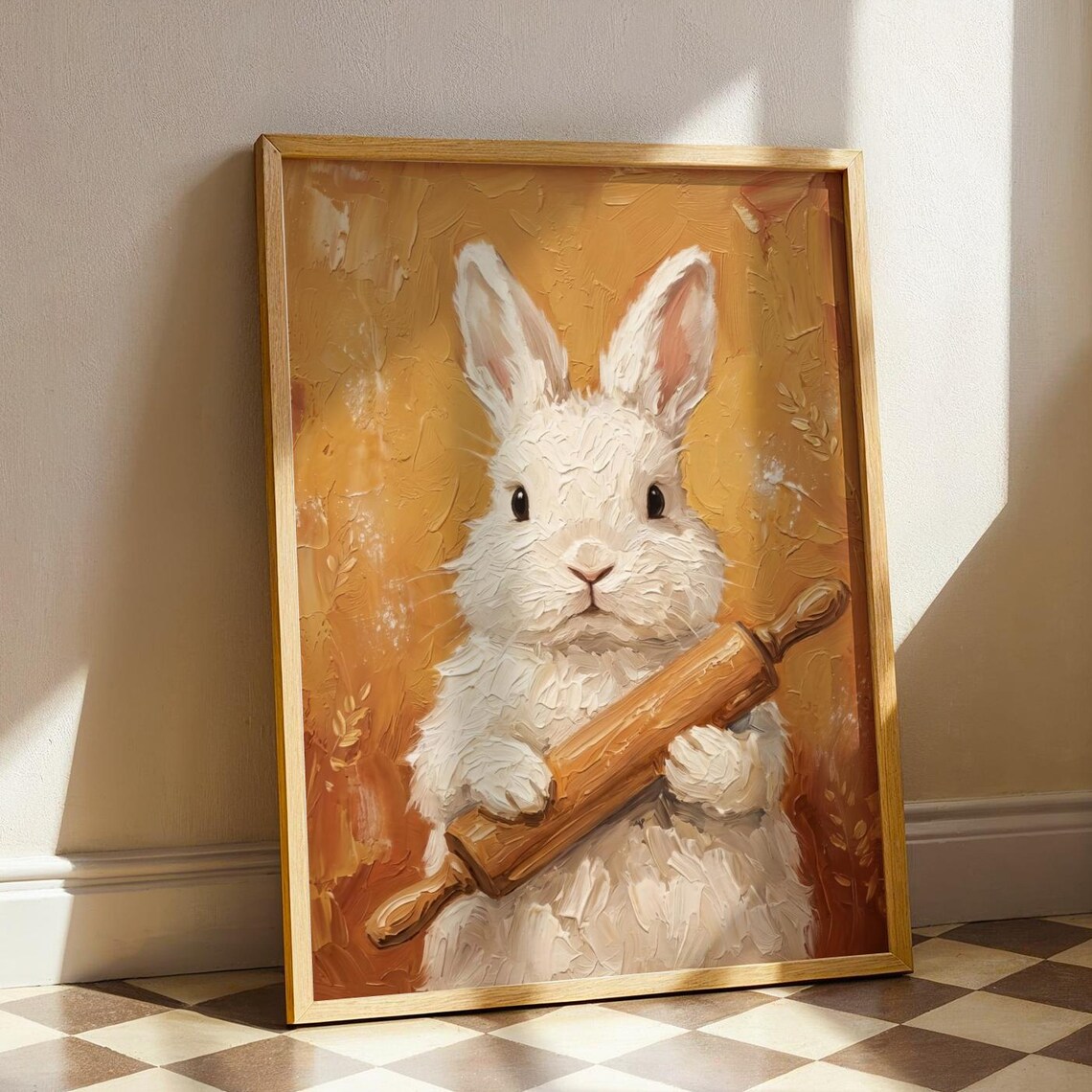 White Rabbit Baking Art Print Cottagecore Bunny Kitchen Wall Decor Whimsical Animal Chef Painting Cozy Bakery Poster Digital Download