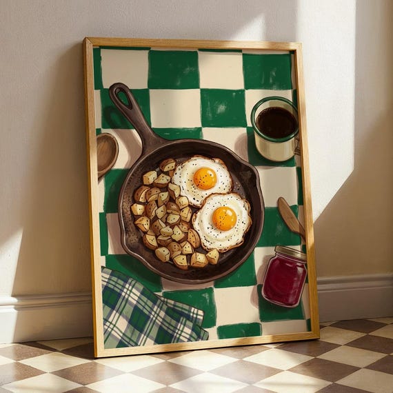 Campfire Breakfast Art Print Retro Kitchen Wall Decor Cozy Cast Iron Skillet Painting Vintage Food Illustration Poster Cabin Dining