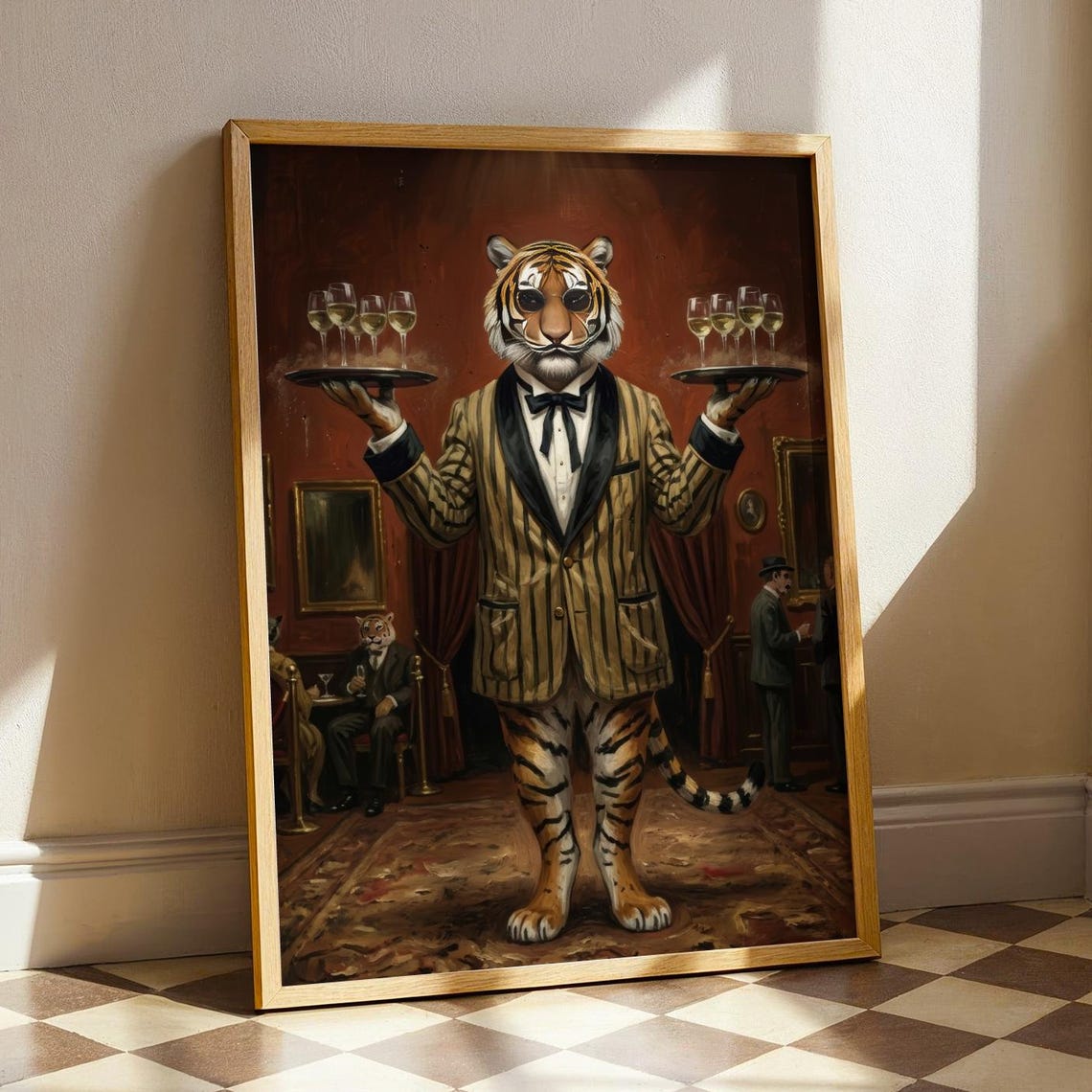 Dapper Tiger Waiter Serving Champagne In Vintage Bar Wall Art