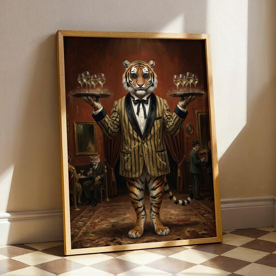 Tiger Bellhop Art Print Moody Luxury Hotel Animal Painting Dark Academia Bar Cart Decor Quirky Maximalist Digital Download