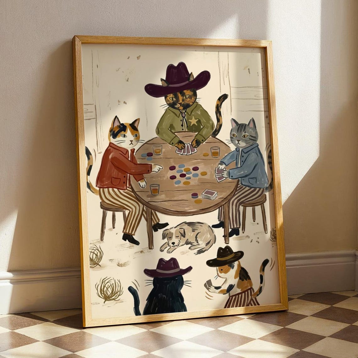 Cowboy Cats Playing Poker Poster Western Folk Art Funny Cat Card Game
