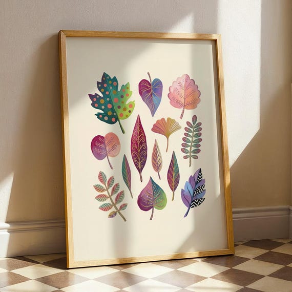 Maximalist Botanical Print Whimsical Forest Leaves Poster Colorful Nature Folk Art Eclectic Plant Lover Gift Cottagecore Leaf Wall Decor