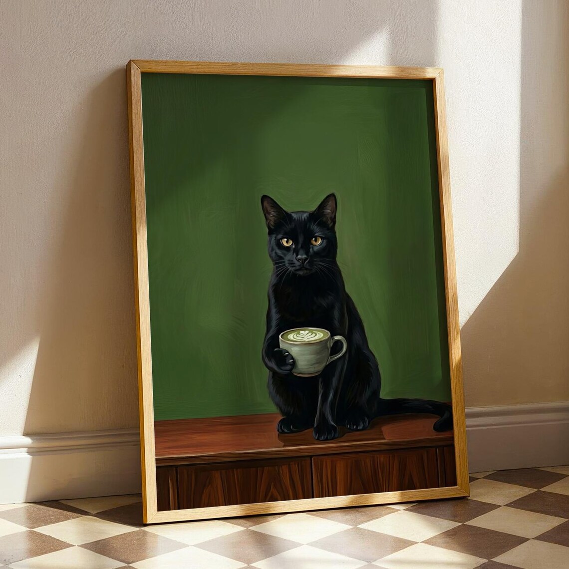 Black Cat Matcha Latte Art Print, Moody Kitchen Decor