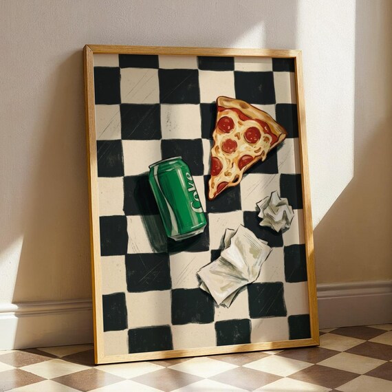 Pizza and Soda Checkered Still Life Retro Kitchen Wall Poster