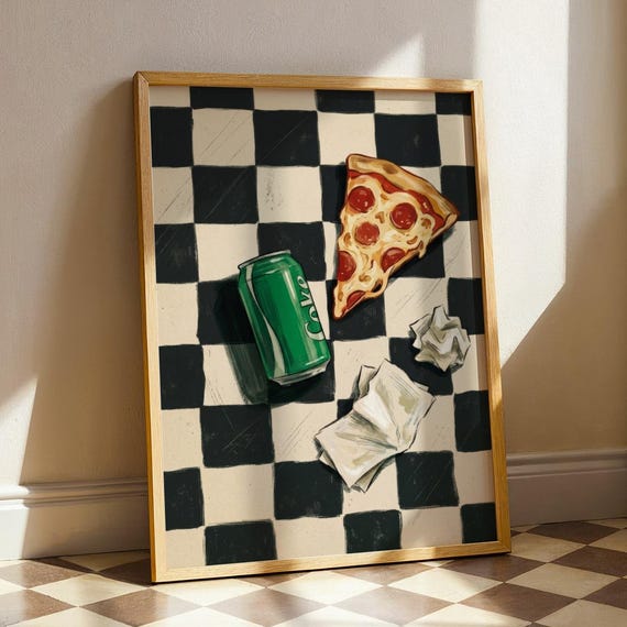 Pizza And Soda Still Life Print Checkered Moody Italian Kitchen Wall Decor Funky Food Drink Poster Quirky Trendy Apartment Foodie Gift