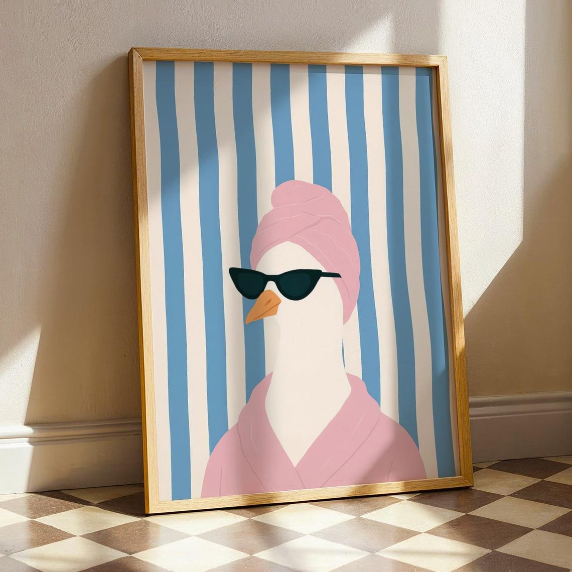 White Goose Spa Day Pink Turban Sunglasses Cute Bathroom Art Poster