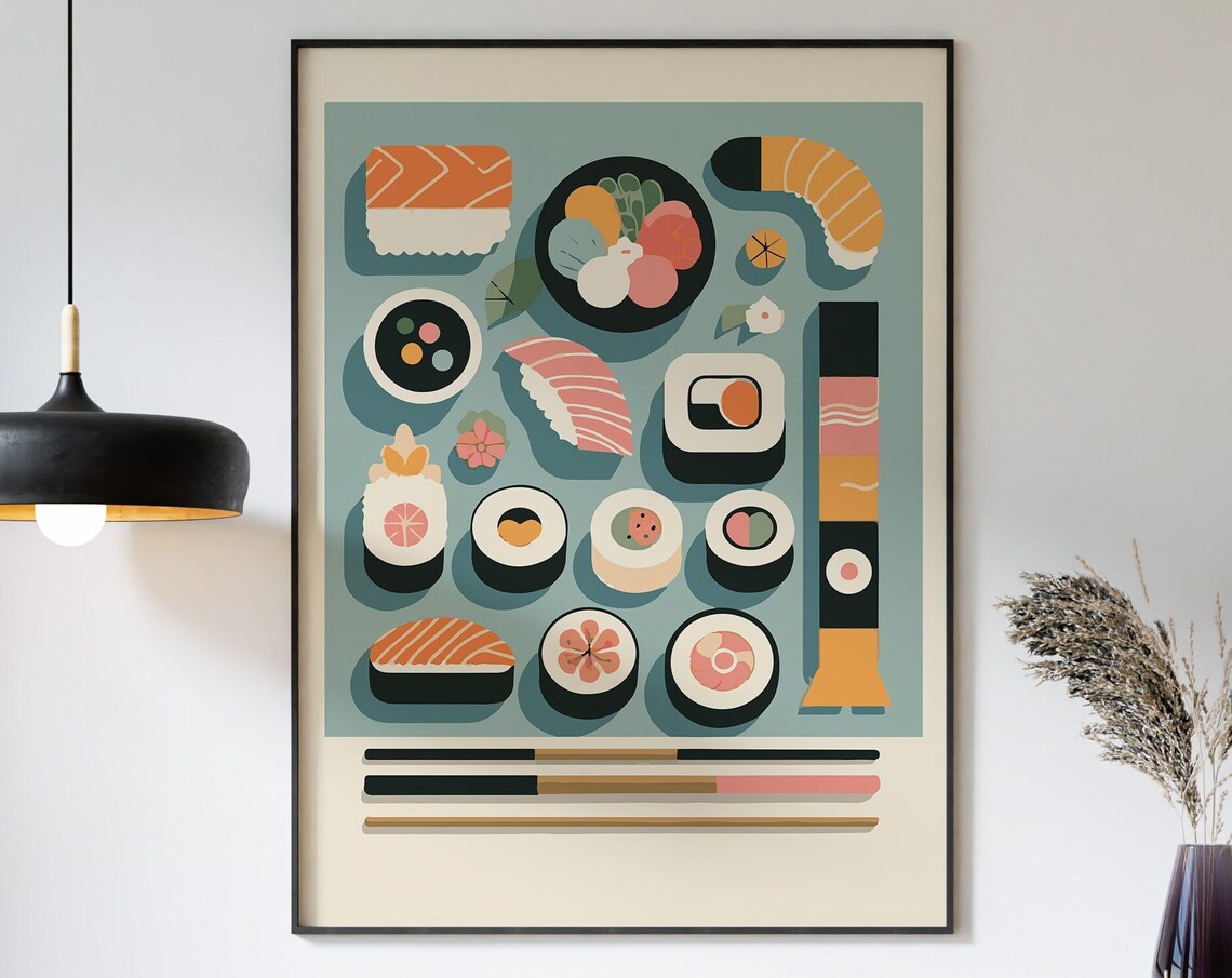 Sushi Set Poster Teal Background Japanese Food Wall Illustration