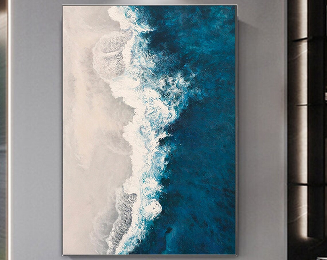 Aerial Ocean Wave Foam Deep Teal Blue Abstract Beach Wall Art