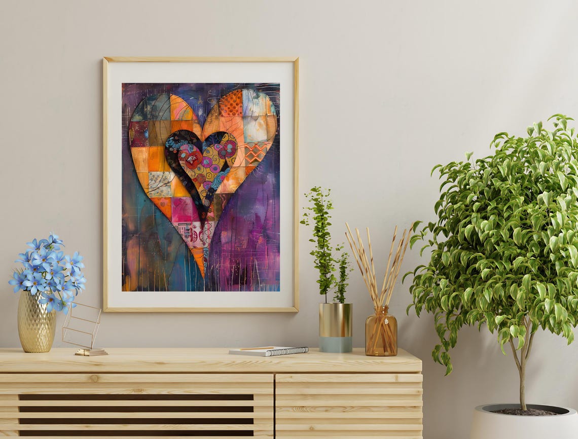 Patchwork Heart Collage Orange Purple Maximalist Abstract Art Print - Image 3