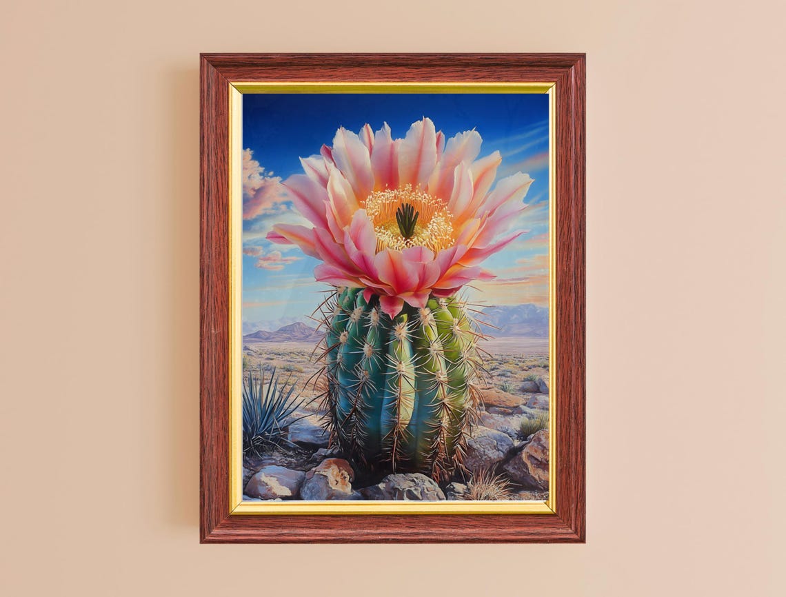 Giant Pink Cactus Bloom Barrel Cactus Desert Blue Sky Botanical Poster - Image 2