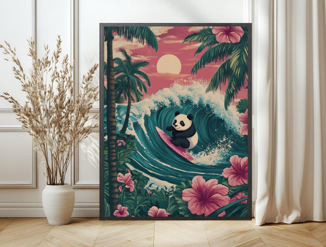 Surfing Panda Tropical Wave Pink Sunset Palm Tree Fun Poster - Image 6