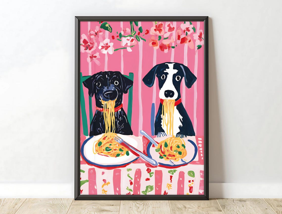 Two Dogs Eating Spaghetti Pink Floral Quirky Kitchen Wall Art