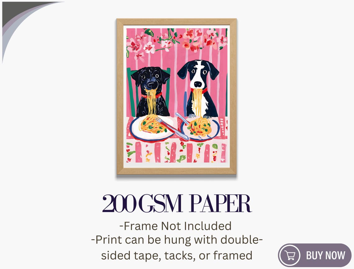 Two Dogs Eating Spaghetti Pink Floral Quirky Kitchen Wall Art - Image 5