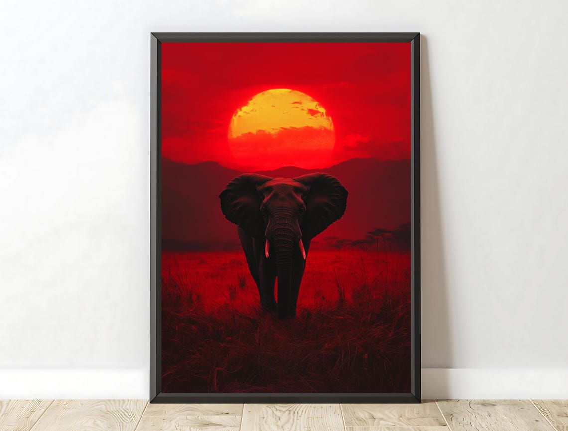 Elephant Red Sunset Savanna Silhouette Dramatic Wildlife Art Poster