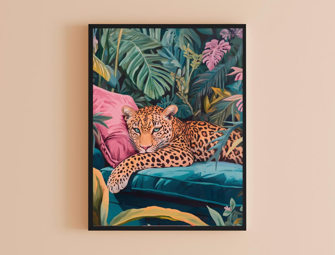 Leopard Teal Sofa Pink Cushion Jungle Leaves Maximalist Cat Art Poster - Image 4