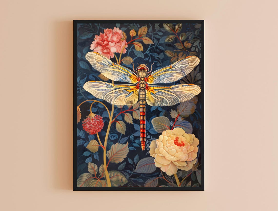 Dragonfly Botanical Art Nouveau Dark Navy Vintage Nature Wall Poster - Image 4