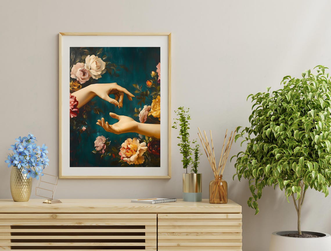 Two Hands Reaching Floral Dark Teal Romantic Vintage Wall Art Print - Image 3