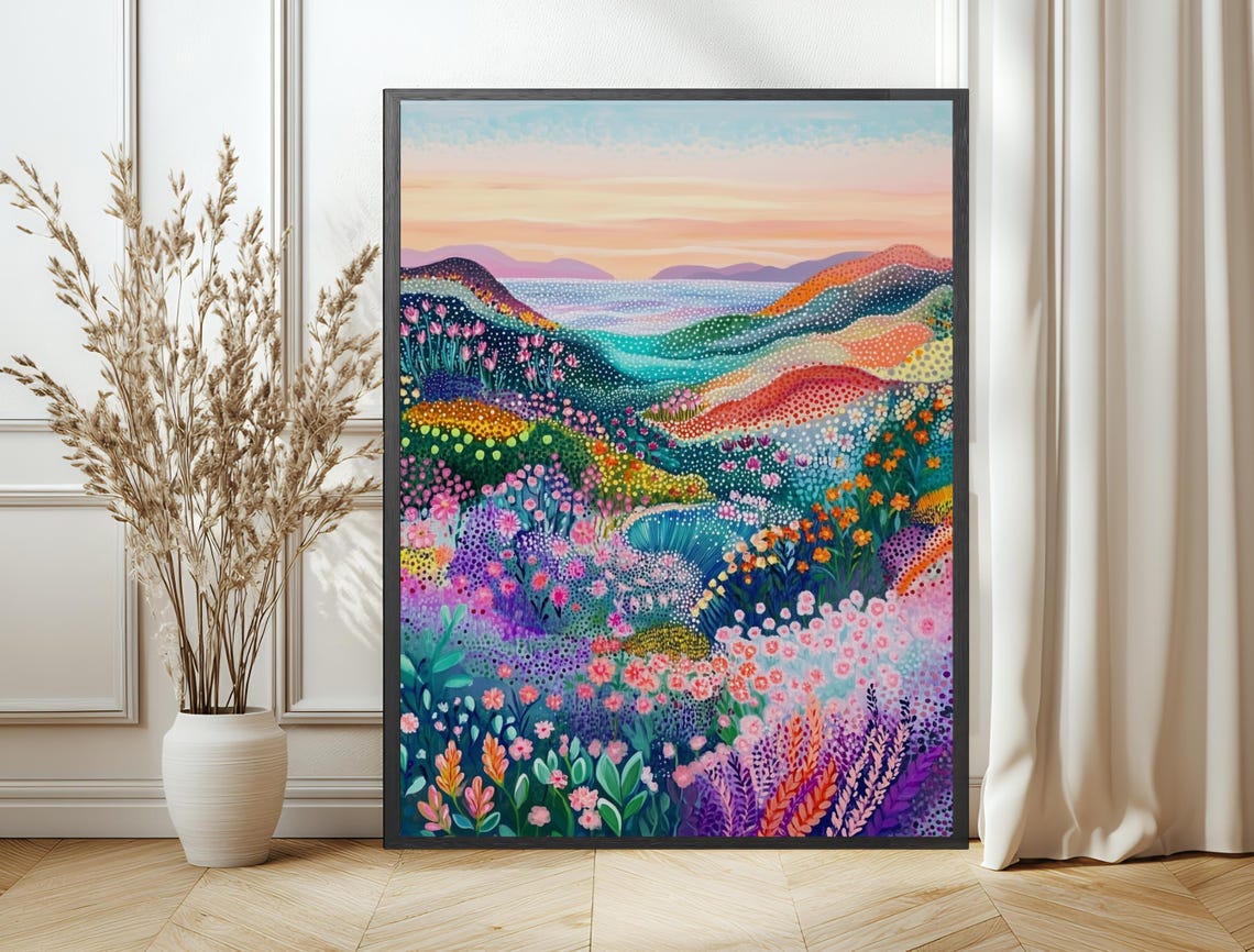 Wildflower Valley Sunset Abstract Colorful Pointillist Art Poster