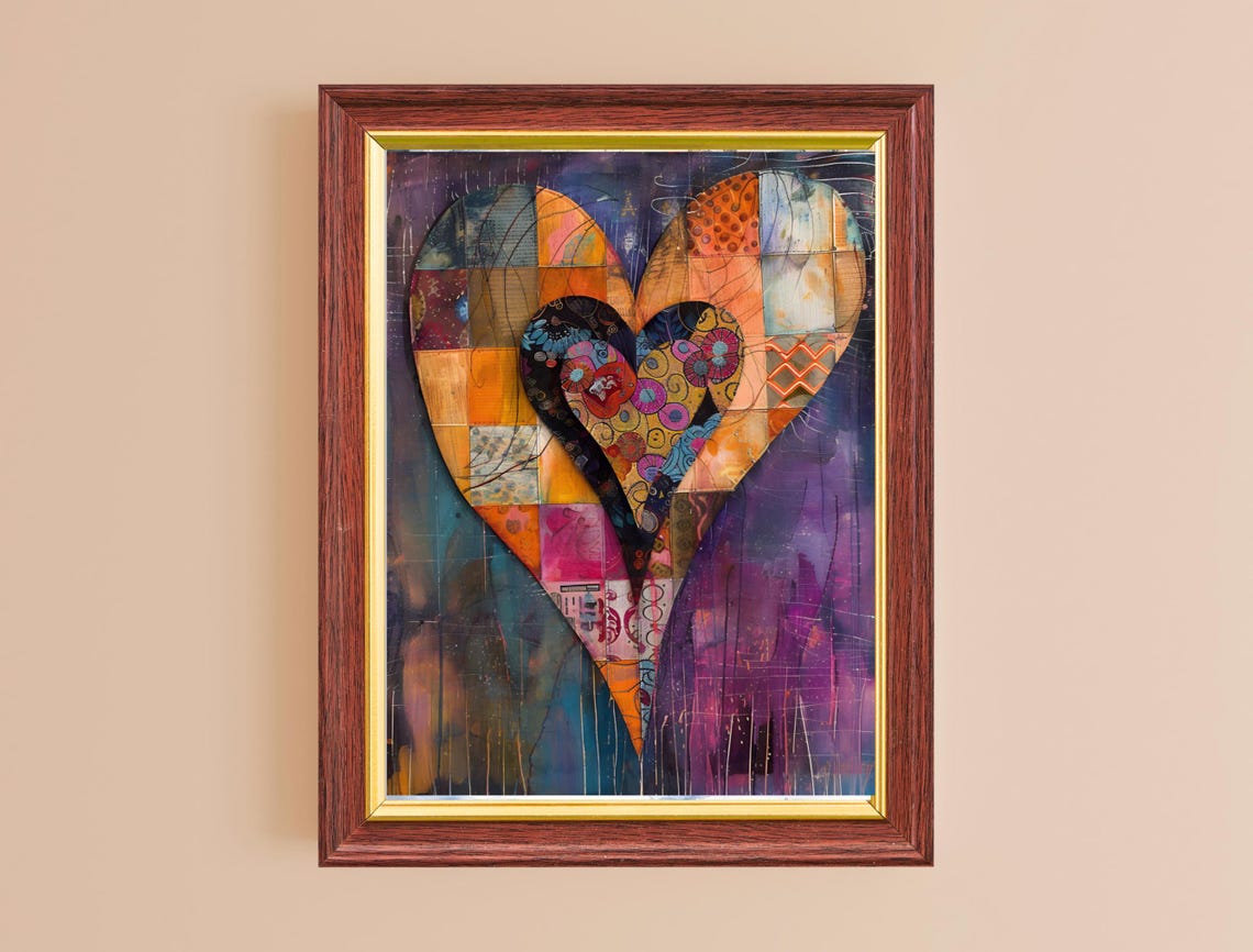 Patchwork Heart Collage Orange Purple Maximalist Abstract Art Print - Image 2
