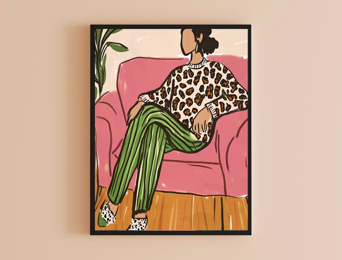 Stylish Woman Leopard Sweater Lounging Pink Chair Trendy Art Poster - Image 4