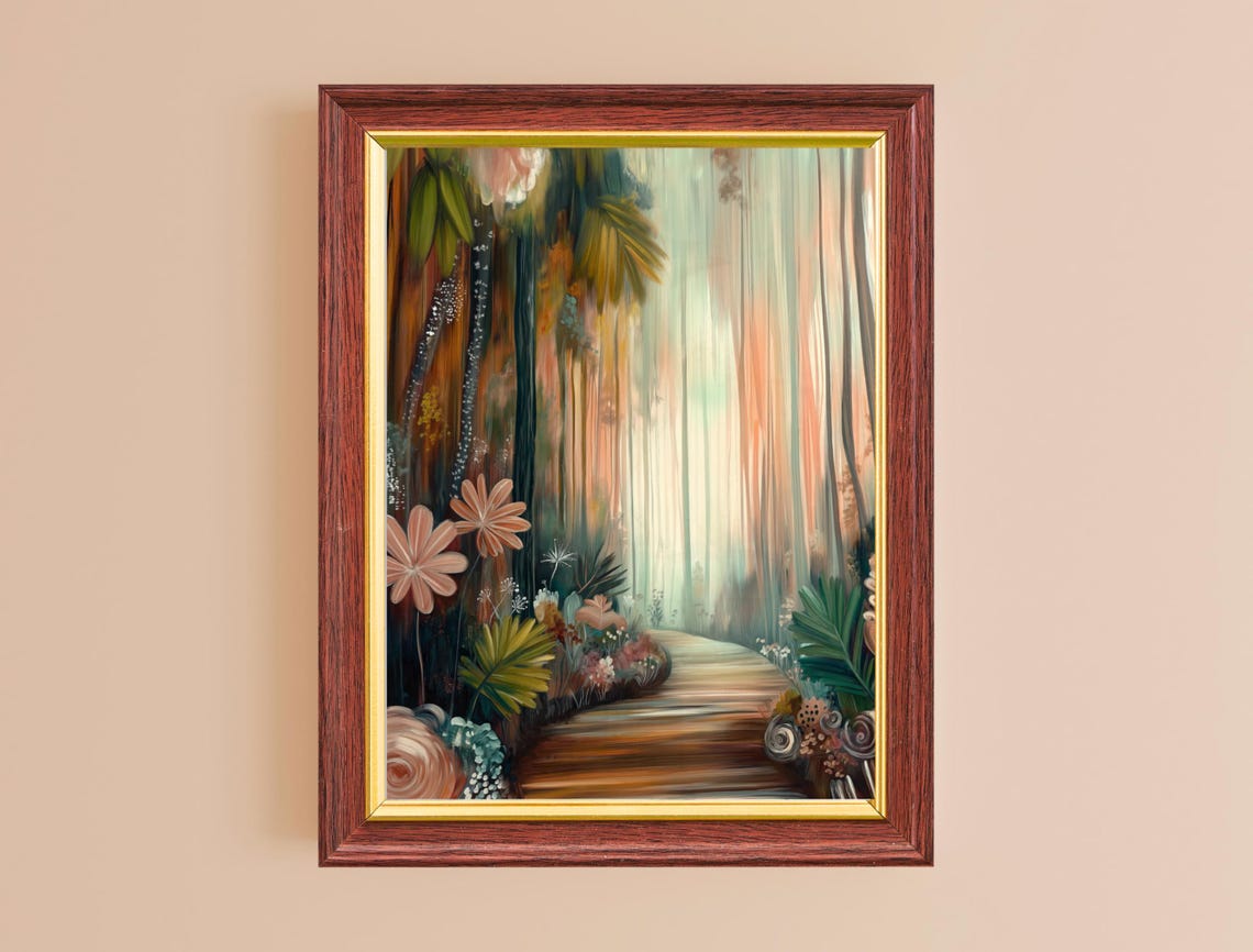 Misty Jungle Boardwalk Peach Blooms Serene Nature Wall Art Poster - Image 2