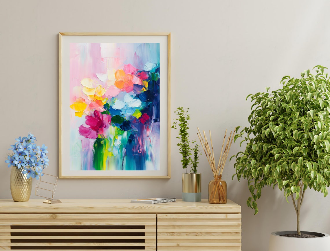 Abstract Flower Bouquet Impasto Pink Yellow Teal Dopamine Art Poster - Image 3