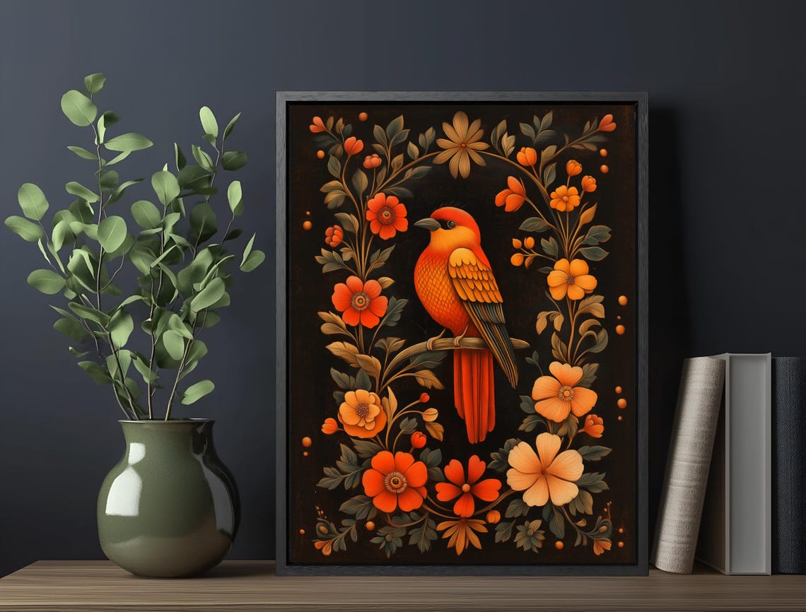 Orange Songbird Among Fiery Blooms Dark Vintage Botanical Wall Poster - Image 5